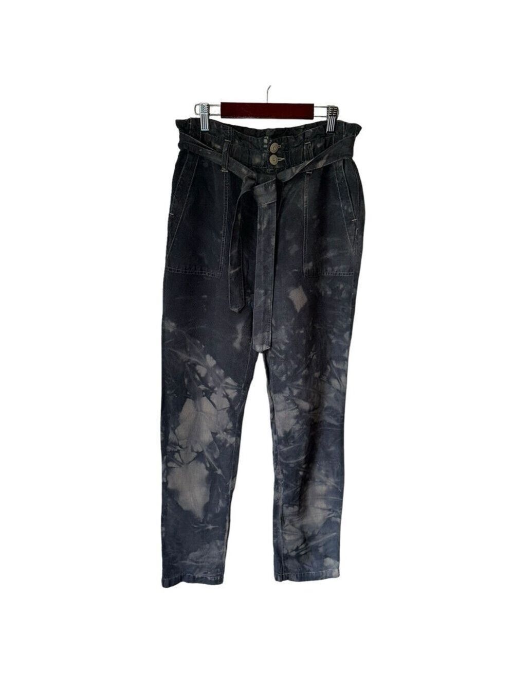 Lucky Brand Black Tie Dye High Waist Paper Bag Front Tie Linen Blend Pants 0/25
